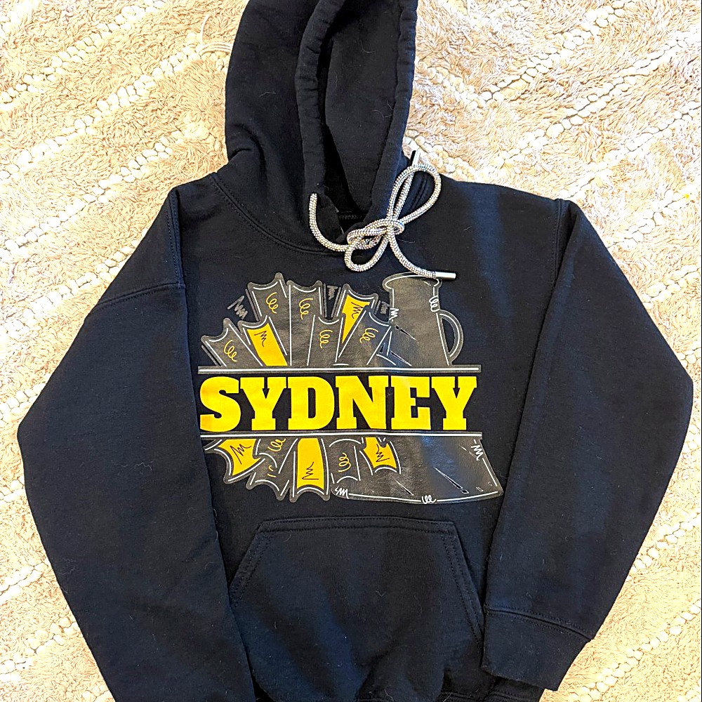 Personalized cheerleading hoodie with rhinestone drawstring by Sweetly Made Co.